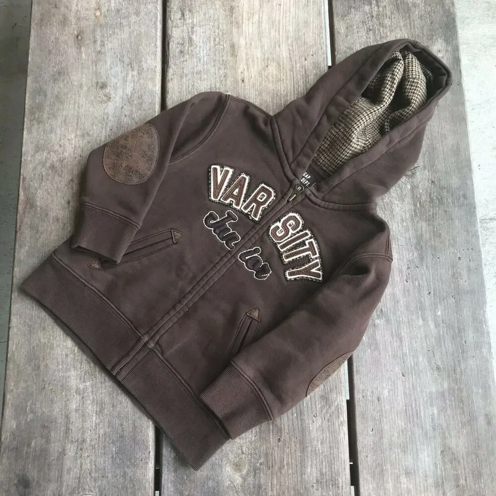 Gap Boys Hoodie Size 2T Brown Zip Front Elbow‎ Patches Tweed Varsity
